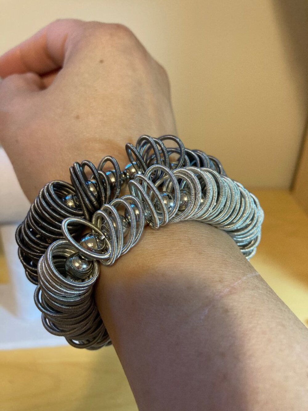 2 Light Grey and Dark Grey Stretchy Bracelets, Circles and Silver Balls